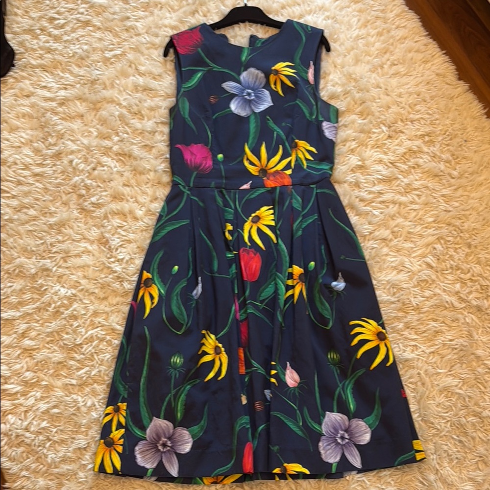 EUC Carolina Herrera Yellow Pink A-line Dress - floral drawn by in-house artist